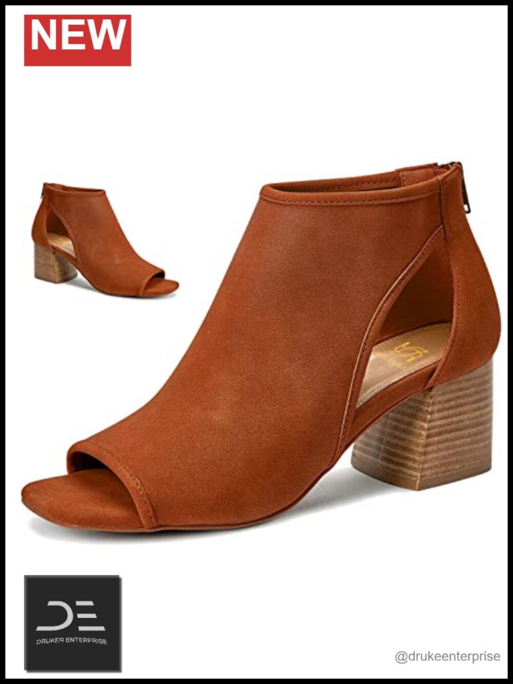 Chunky High Heel Booties Suede Open Toe Side Cut-Out Ankle Boots Back Zipper 2"